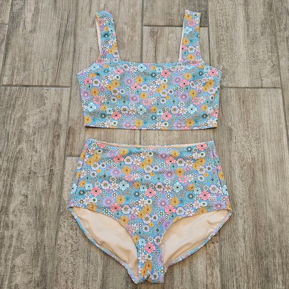 Albion Fit Bikini Set Womens S Blue Floral High Waist Resort Summer Retro Swim - Picture 1 of 10